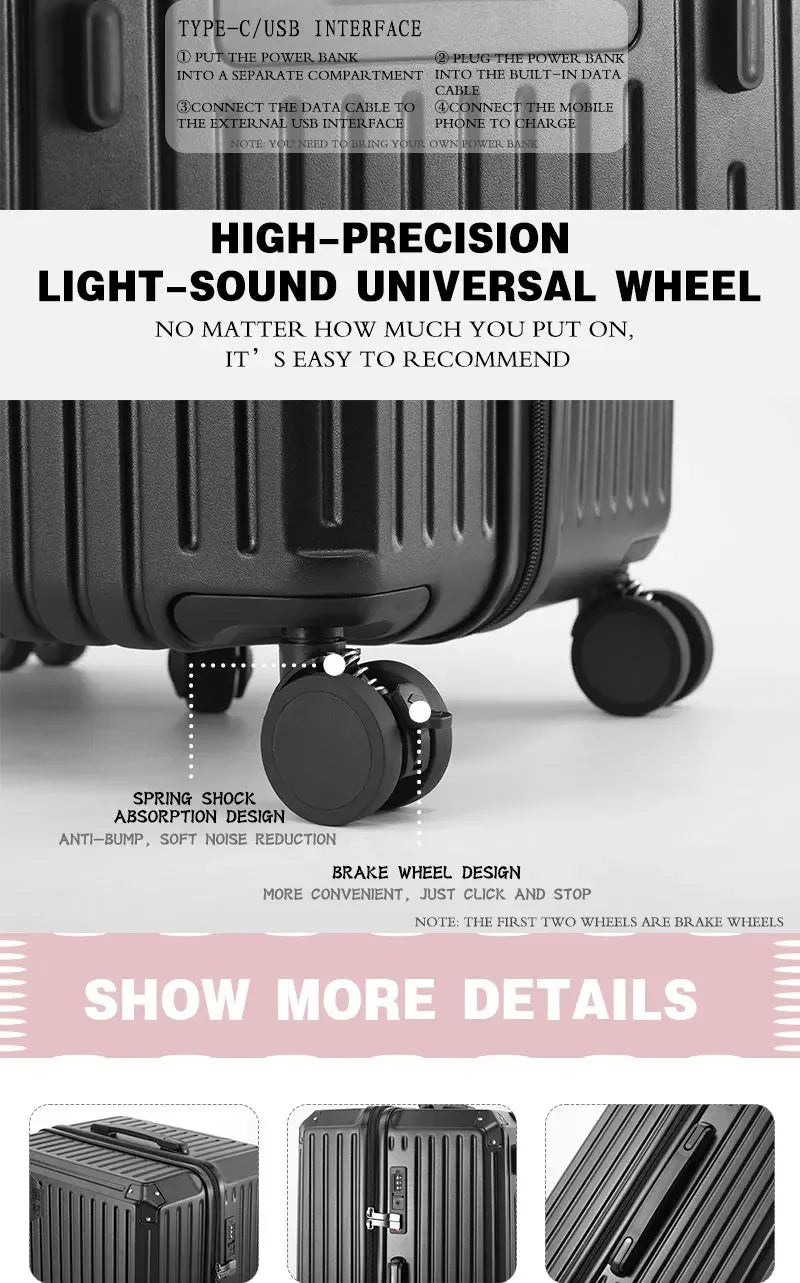Multifunction Spinner Luggage with USB Charging Port and Cup Holder Aluminum Frame Hard Equipment Suitcase Luggage