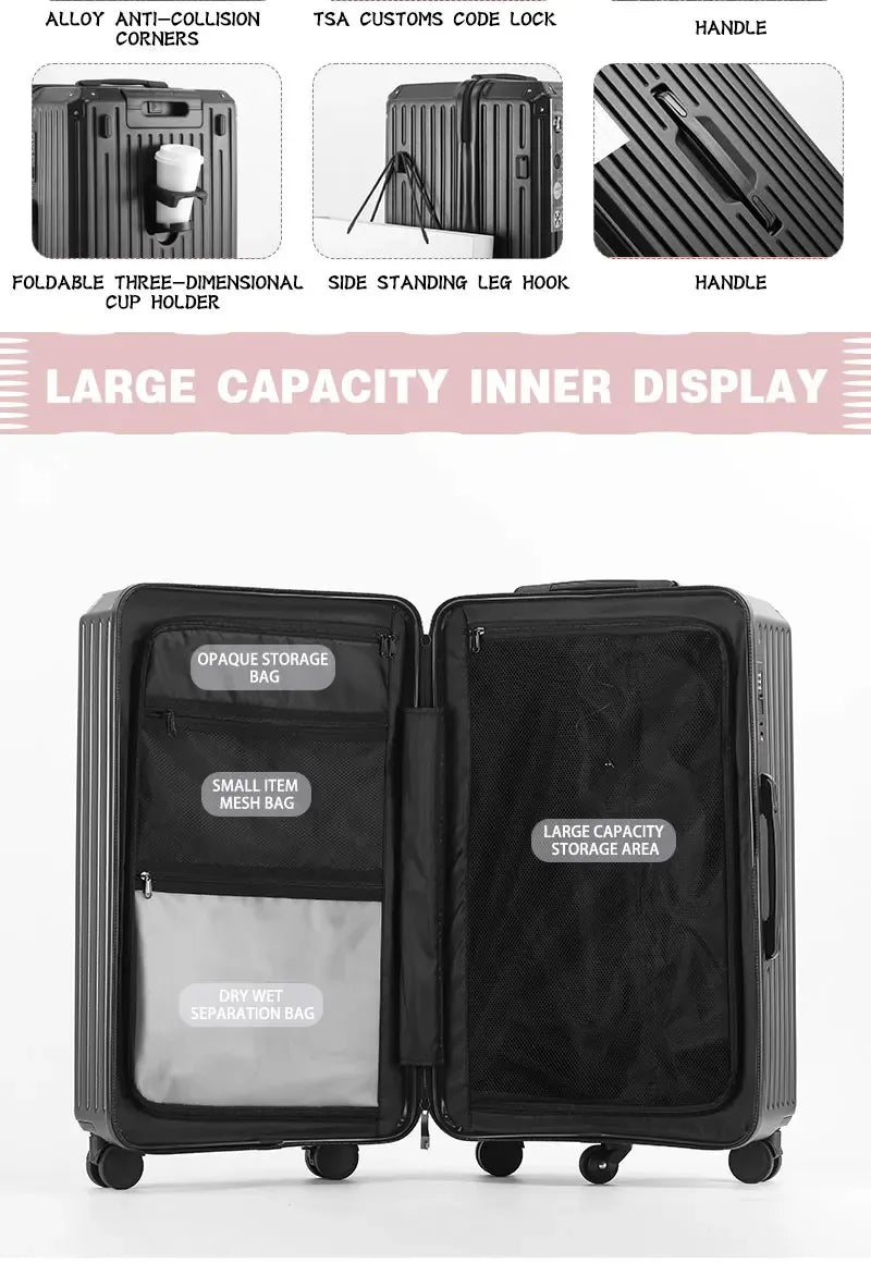 Multifunction Spinner Luggage with USB Charging Port and Cup Holder Aluminum Frame Hard Equipment Suitcase Luggage