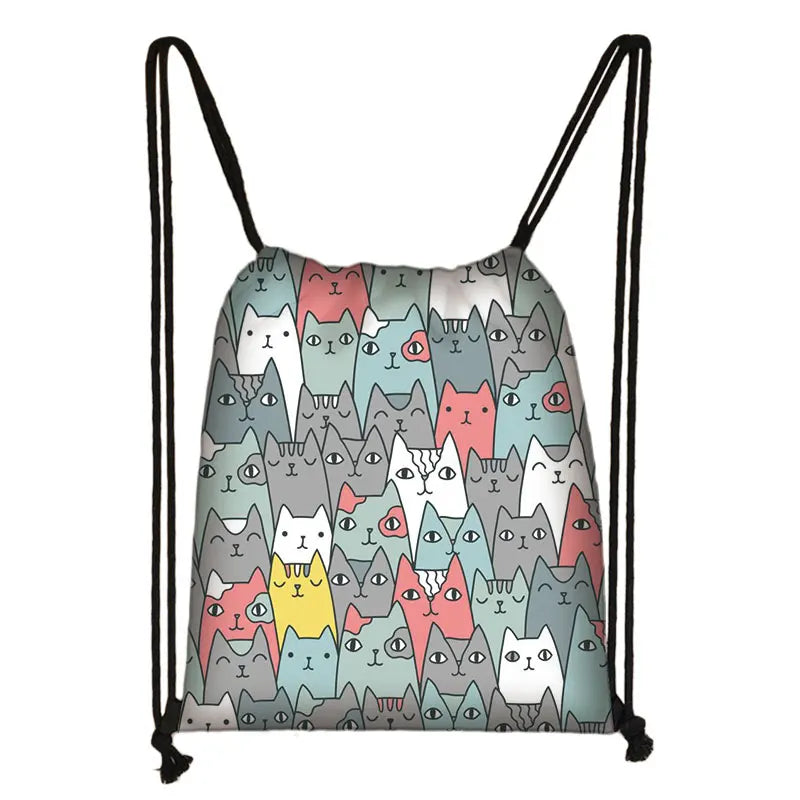 Kawaii Cartoon Dog Cat Backpack Women Drawstring Bags Canvas Shoulder Bag for Travel Girls Rucksack Storage Bags Shoes Holder