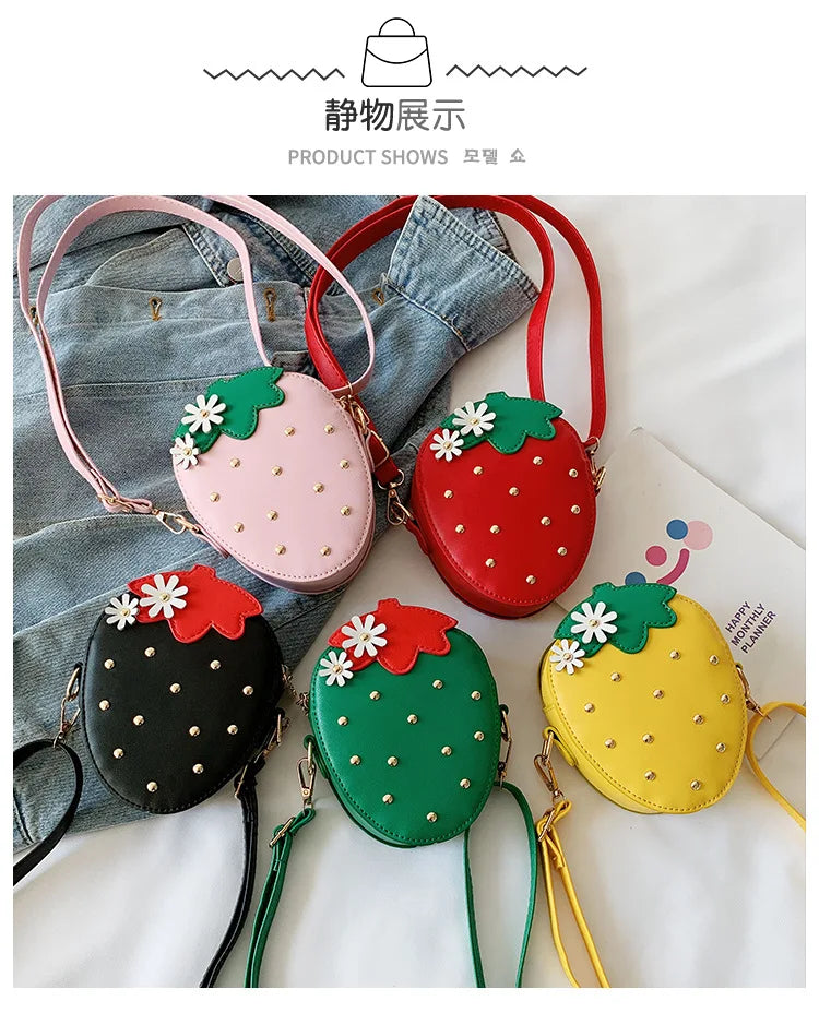 Lovely Children's Strawberry Crossbody Bags Cute Baby Accessories Mini Shoulder Bag Fashion PU Leather Girls Rivet Coin Purse