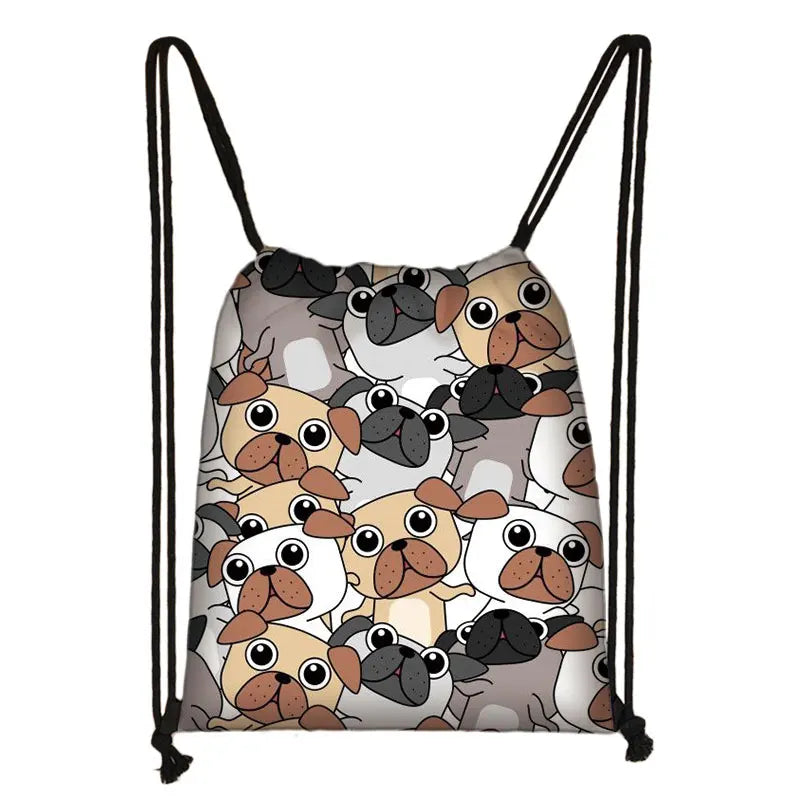 Kawaii Cartoon Dog Cat Backpack Women Drawstring Bags Canvas Shoulder Bag for Travel Girls Rucksack Storage Bags Shoes Holder