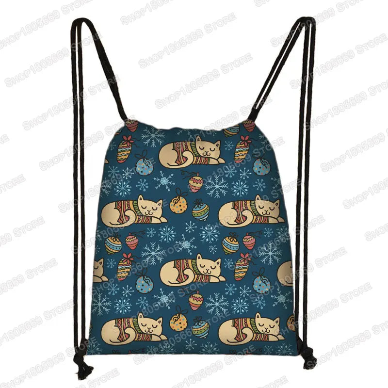 Kawaii Cartoon Dog Cat Backpack Women Drawstring Bags Canvas Shoulder Bag for Travel Girls Rucksack Storage Bags Shoes Holder