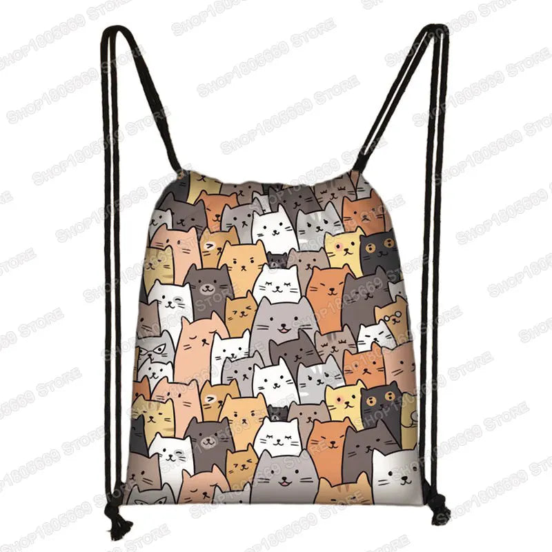 Kawaii Cartoon Dog Cat Backpack Women Drawstring Bags Canvas Shoulder Bag for Travel Girls Rucksack Storage Bags Shoes Holder