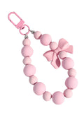 Pink pearl bow keychain, mobile phone chain, earphone bag, anti-lost rope, car keychain, beaded pendant, backpack pendant access