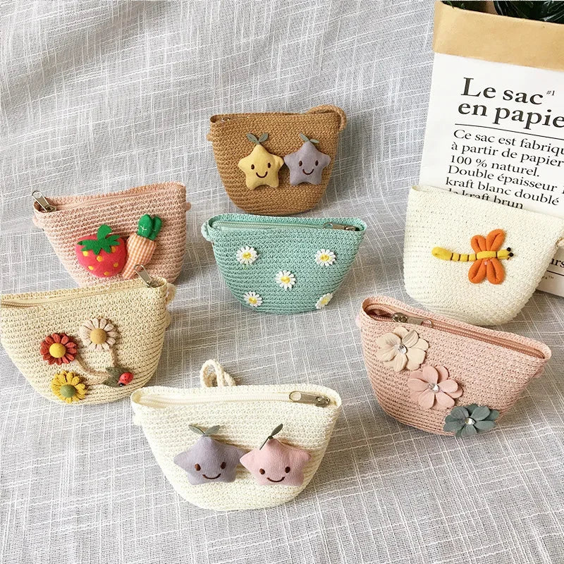 Children's Straw Crossbody Bag Lovely Girls Small Coin Purse Princess Wallet Handbags Baby Kids Mini Summer Shoulder Bags