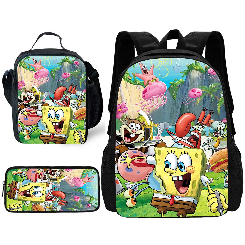 Cute Potdemiel Child School Backpack with Lunch Bags ,Pencil Bags ,School Bags for Boys Girls S-Sponge-BobS Best Gift
