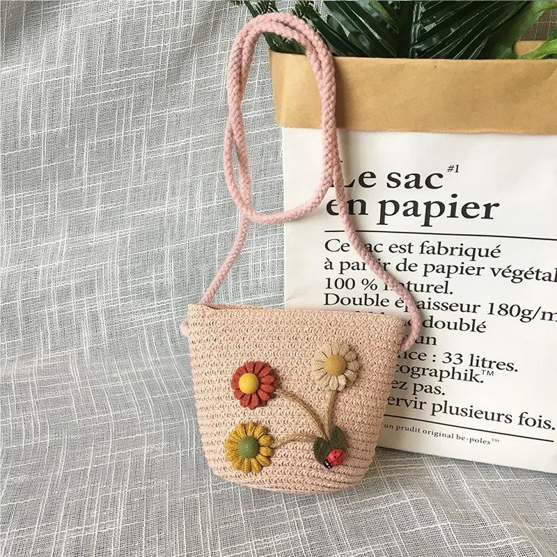 Children's Straw Crossbody Bag Lovely Girls Small Coin Purse Princess Wallet Handbags Baby Kids Mini Summer Shoulder Bags