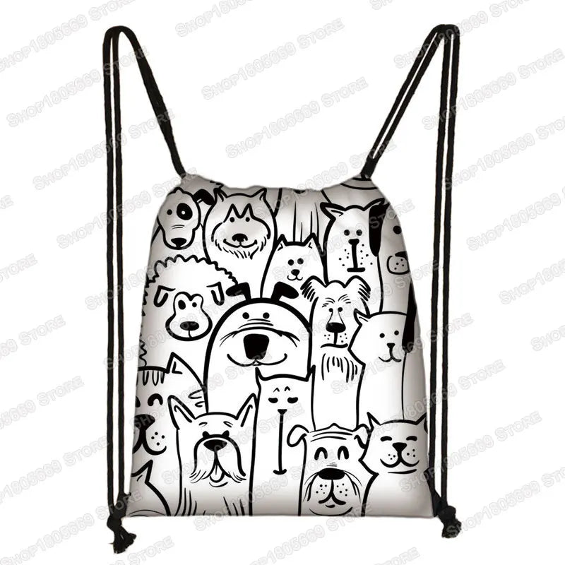 Kawaii Cartoon Dog Cat Backpack Women Drawstring Bags Canvas Shoulder Bag for Travel Girls Rucksack Storage Bags Shoes Holder