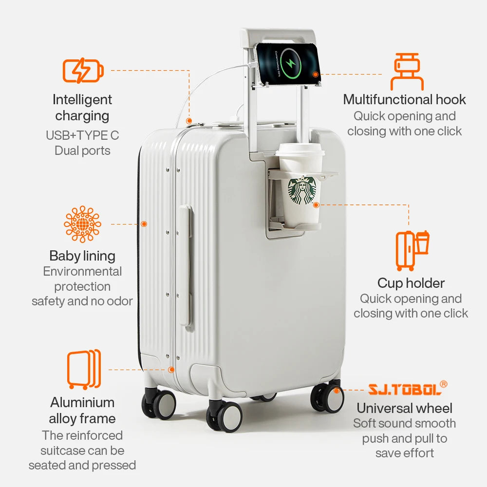 Mixi New Aluminum Frame Suitcase Carry On Rolling Luggage with USB Port Boarding Cabin Cup and Phone Holder 20 24 Inch