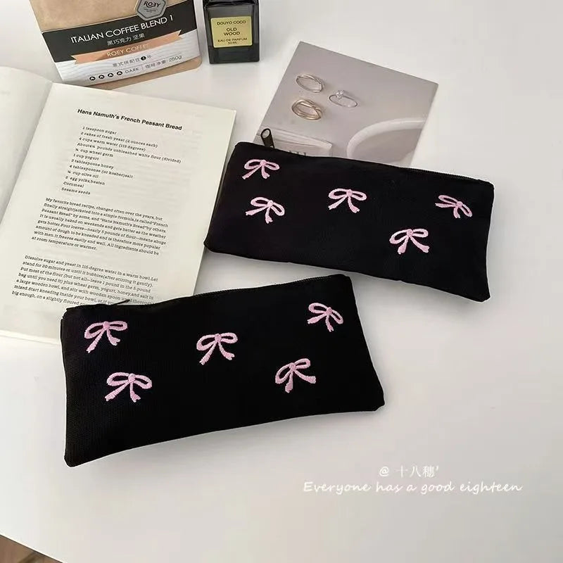 ins Japanese bow embroidery pencil bag high value girl student stationery makeup brush storage bag portable pencil bag