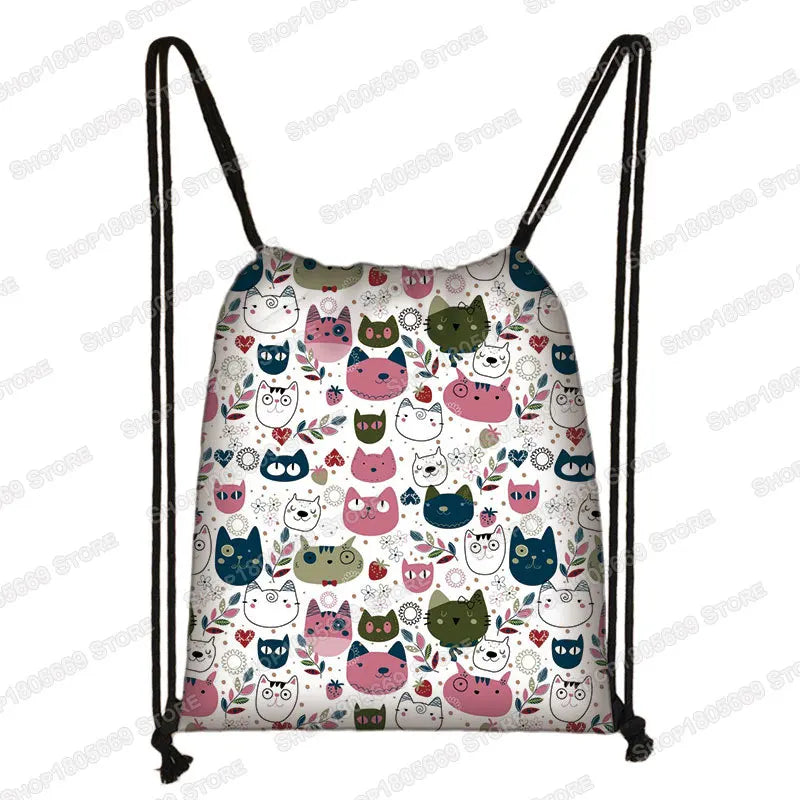 Kawaii Cartoon Dog Cat Backpack Women Drawstring Bags Canvas Shoulder Bag for Travel Girls Rucksack Storage Bags Shoes Holder