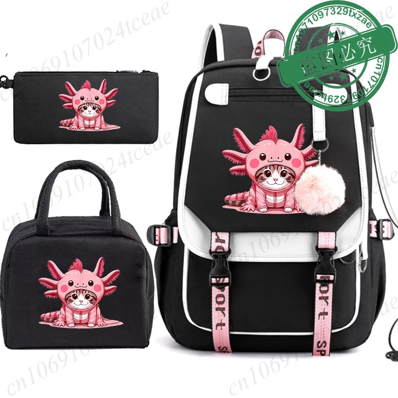 Boba Axolotl Anime School Backpack for Teenage Girls Fashiona Back To School Bookbag Mochila Bookbag with Lunch Bags ,Pencil Bag