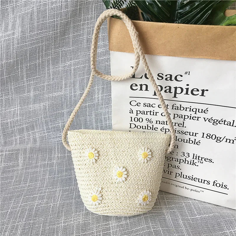 Children's Straw Crossbody Bag Lovely Girls Small Coin Purse Princess Wallet Handbags Baby Kids Mini Summer Shoulder Bags