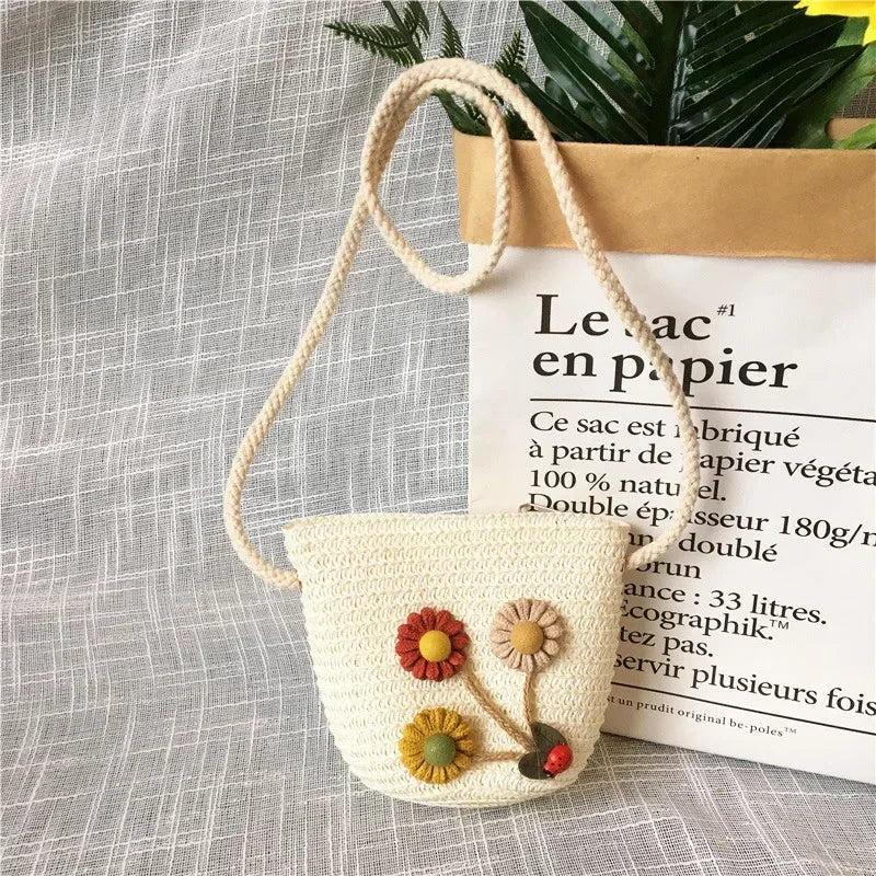 Children's Straw Crossbody Bag Lovely Girls Small Coin Purse Princess Wallet Handbags Baby Kids Mini Summer Shoulder Bags