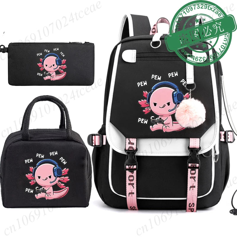 Boba Axolotl Anime School Backpack for Teenage Girls Fashiona Back To School Bookbag Mochila Bookbag with Lunch Bags ,Pencil Bag