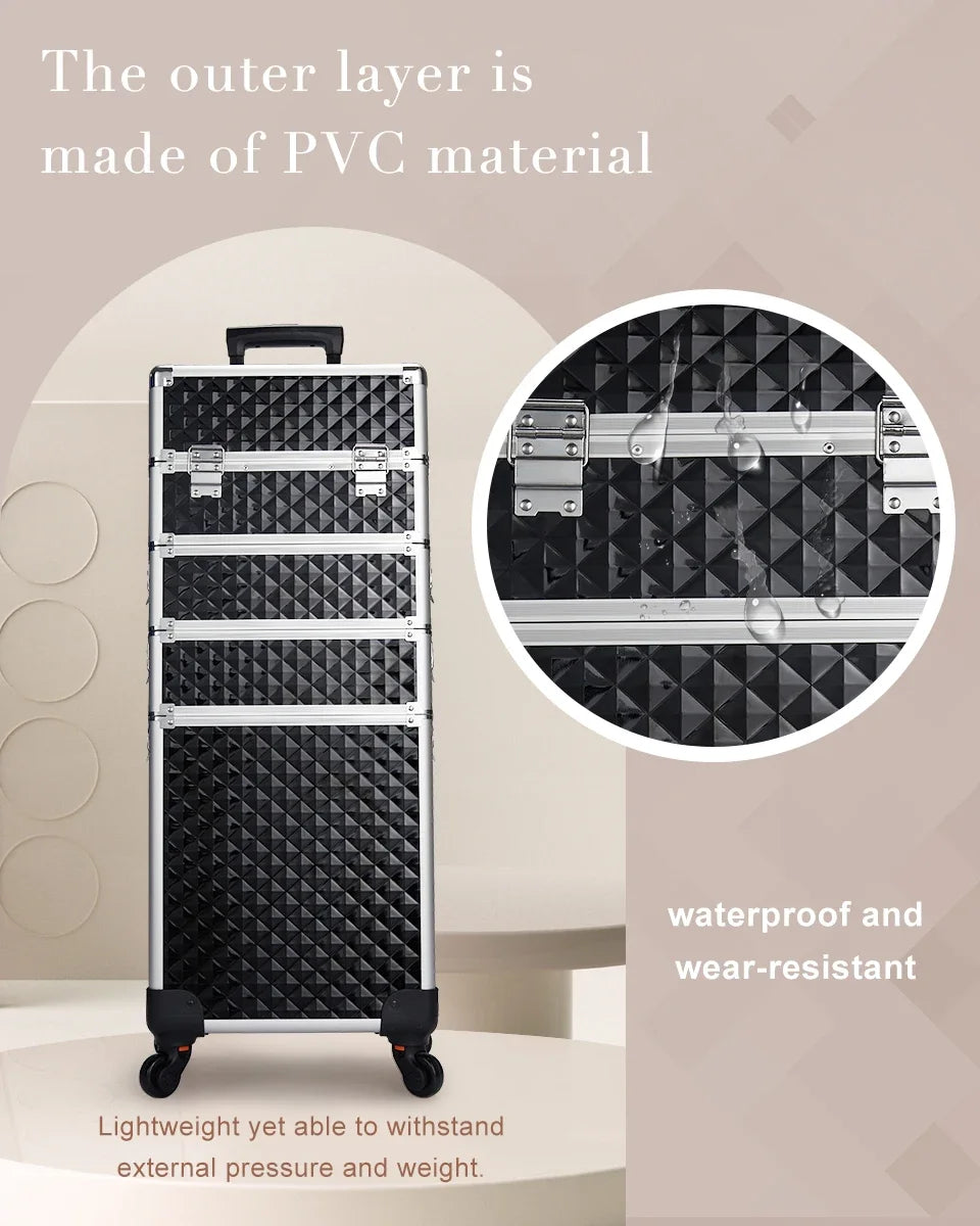 Makeup Trolley Case Detachable 4 in 1 Alloy Train Briefcase for Nail Manicure on Wheels Lock Salon Large Capacity Storage Case