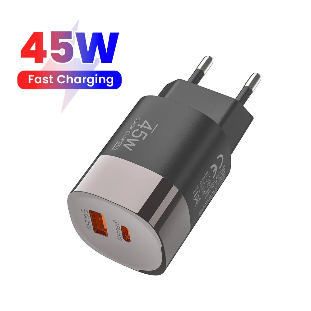 Dual Ports USB Type C Charger Fast Charging 45W QC PD 3.0 Travel Wall Charger Adpater Fast USB Chargers For Phone EU US UK Plug