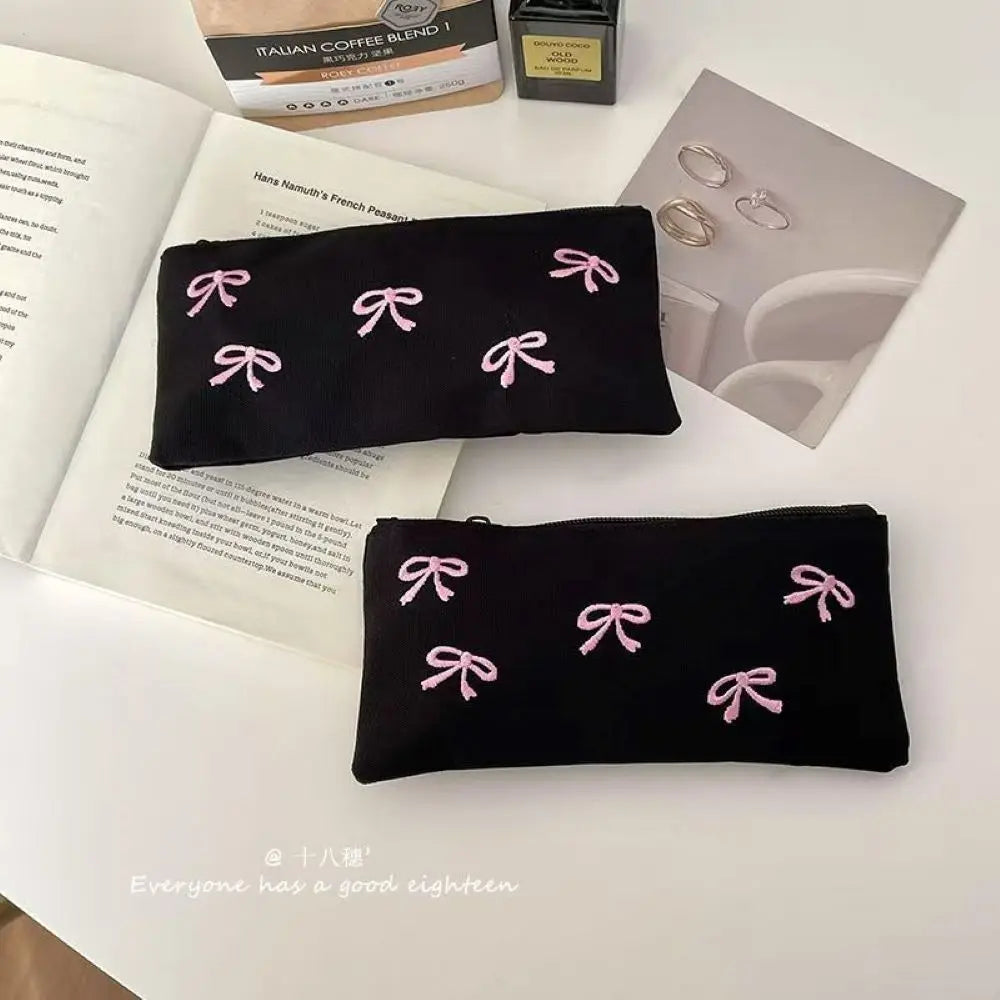 ins Japanese bow embroidery pencil bag high value girl student stationery makeup brush storage bag portable pencil bag