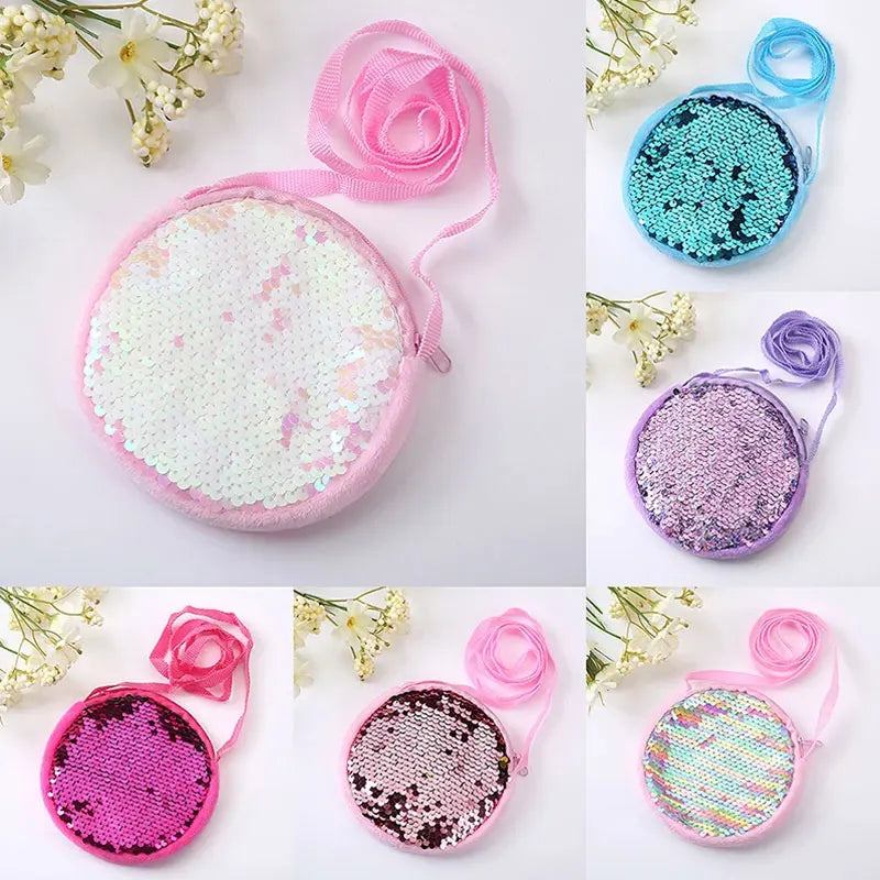 Round Princess Coin Purse Color Sequins Shiny Lanyard Shoulder Bag Children's Messenger Small Pack Kids Handbag Lovely Girl Gift