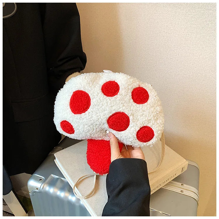Cartoon Mushroom Girls Plush Shoulder Bags Cute Baby Kids Faux Lamb Wool Crossbody Bag Winter Boys Soft Handbags Coin Purse