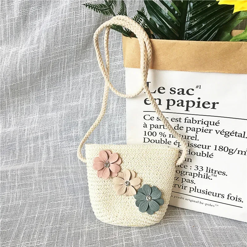 Children's Straw Crossbody Bag Lovely Girls Small Coin Purse Princess Wallet Handbags Baby Kids Mini Summer Shoulder Bags