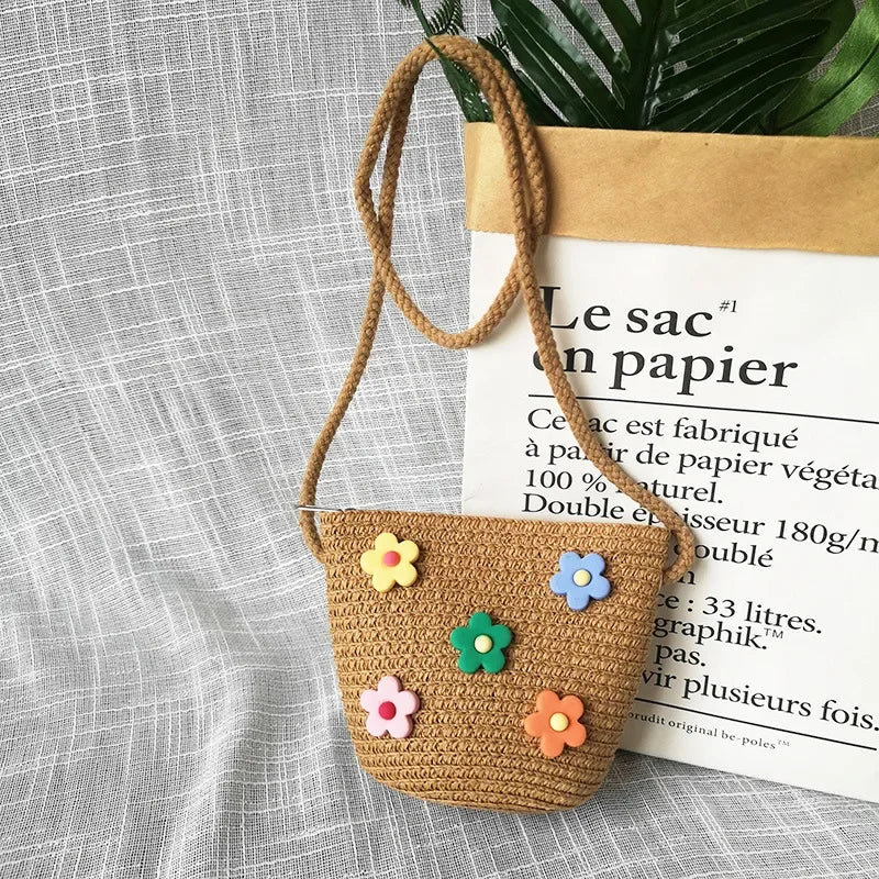Children's Straw Crossbody Bag Lovely Girls Small Coin Purse Princess Wallet Handbags Baby Kids Mini Summer Shoulder Bags