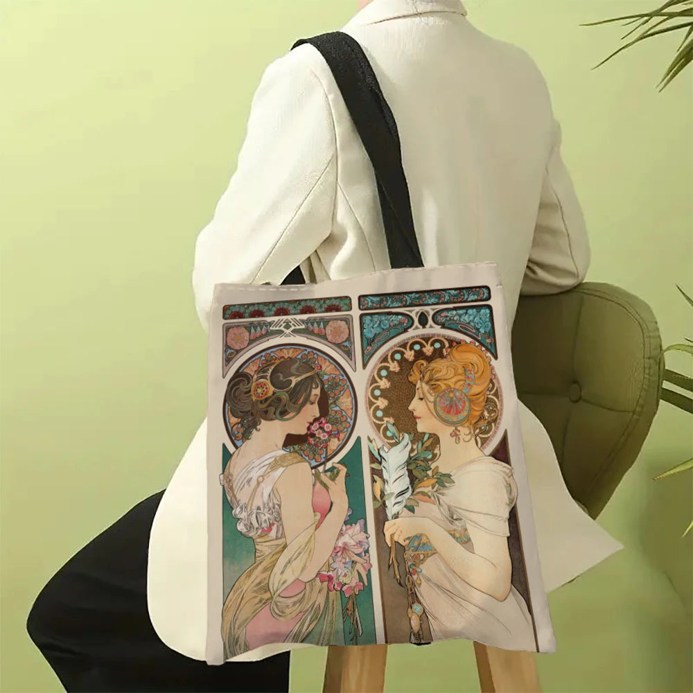 Mucha Series Digital Printed Linen Bag Open Tote Bag Handbag Retro Shopping Bag