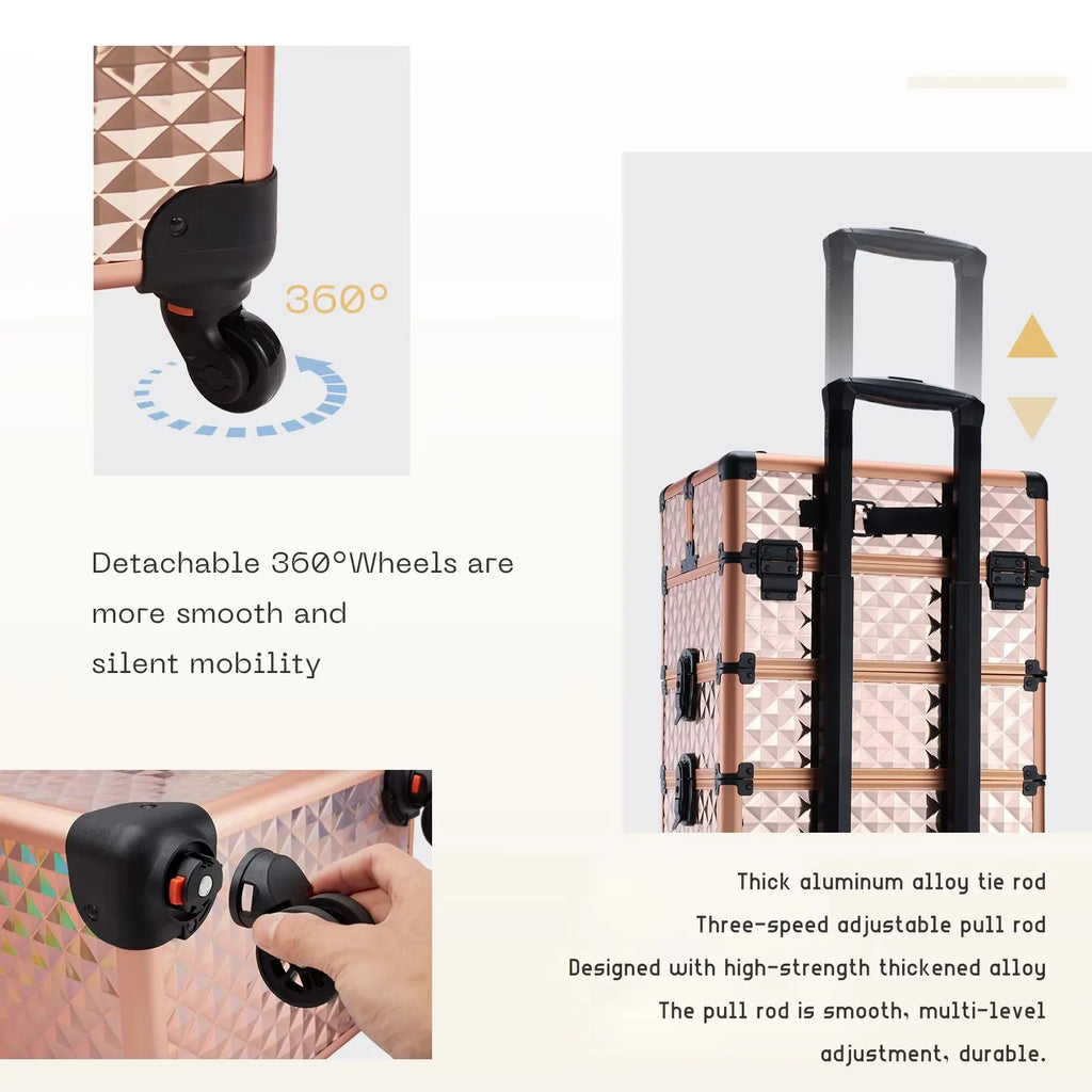 Makeup Trolley Case Detachable 4 in 1 Alloy Train Briefcase for Nail Manicure on Wheels Lock Salon Large Capacity Storage Case