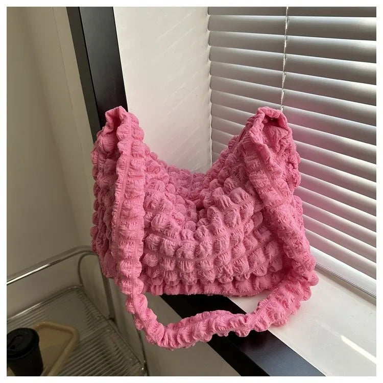 HOMEFISH Crossbody Bag With Pleated Design Embroidered Plaid Shoulder Bag Underarm Bags Simple Large Capacity Quilted Tote Bags