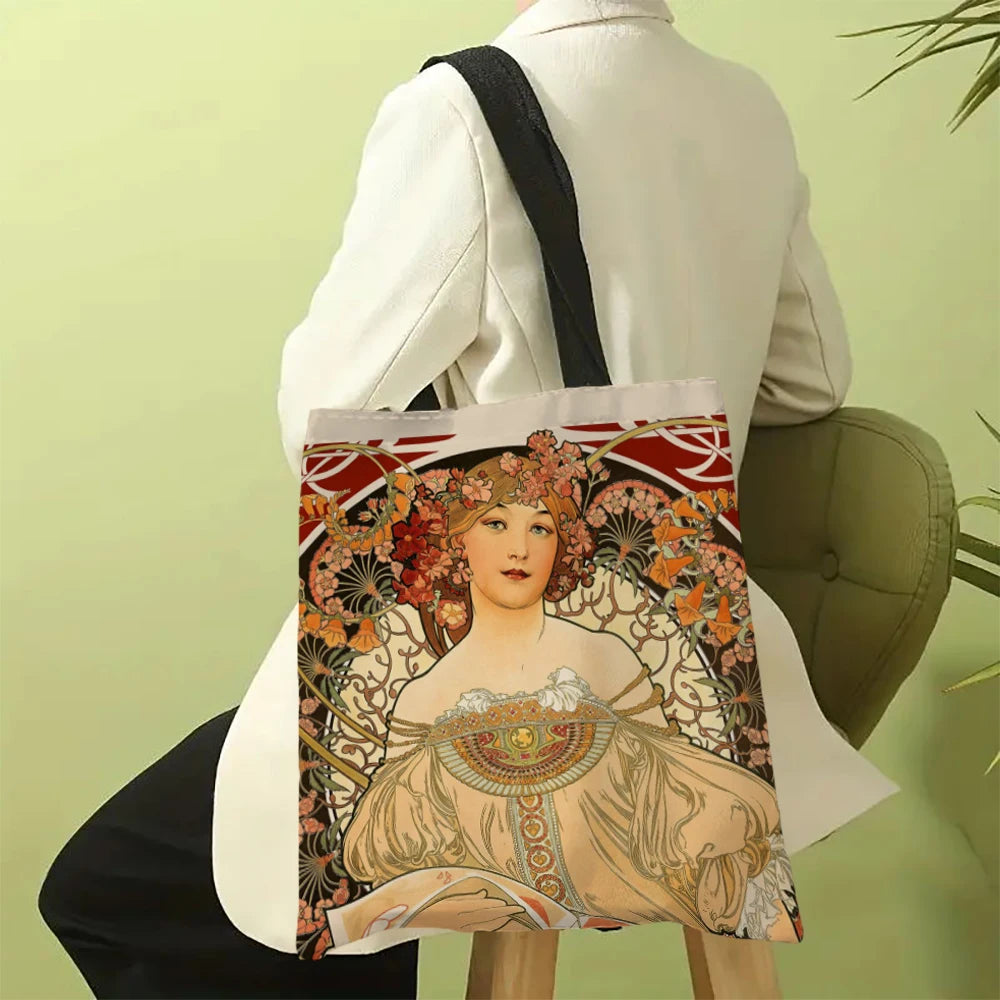 Mucha Series Digital Printed Linen Bag Open Tote Bag Handbag Retro Shopping Bag