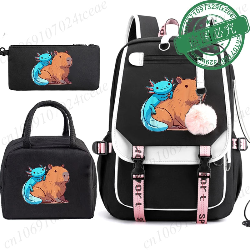 Boba Axolotl Anime School Backpack for Teenage Girls Fashiona Back To School Bookbag Mochila Bookbag with Lunch Bags ,Pencil Bag