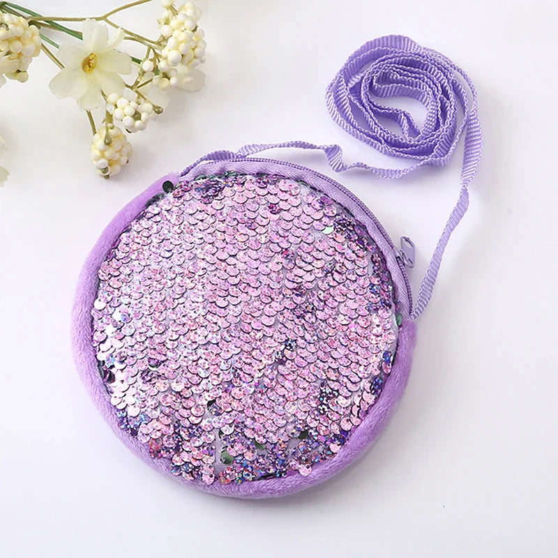 Lovely Round Princess Coin Purse Color Sequins Shiny Lanyard Shoulder Bag Children's Messenger Small Pack Kids Handbag Girl Gift