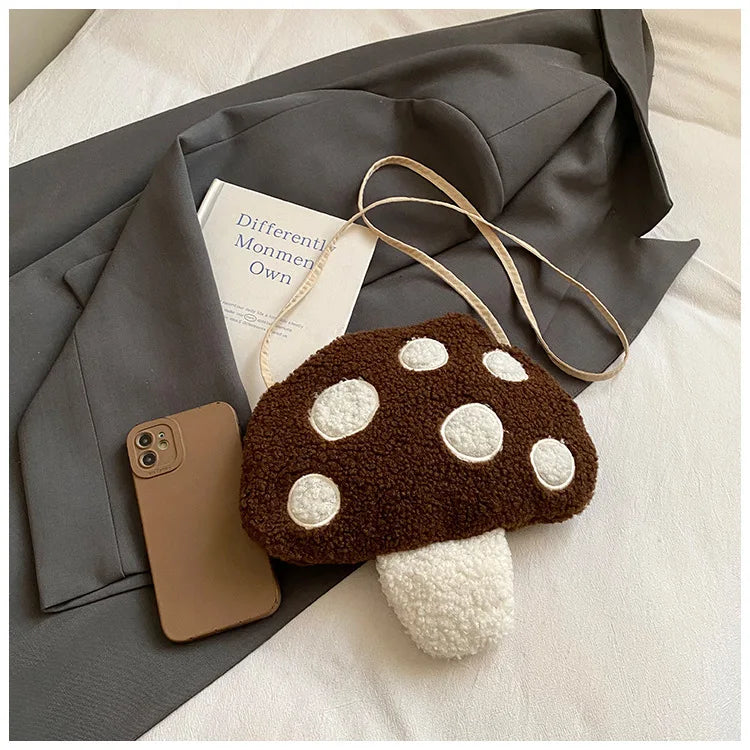 Cartoon Mushroom Girls Plush Shoulder Bags Cute Baby Kids Faux Lamb Wool Crossbody Bag Winter Boys Soft Handbags Coin Purse