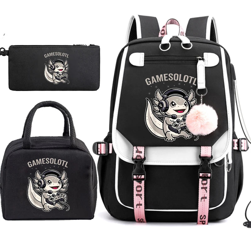 Boba Axolotl Anime School Backpack for Teenage Girls Fashiona Back To School Bookbag Mochila Bookbag with Lunch Bags ,Pencil Bag