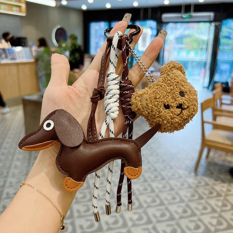Leather Dachshund Bag Pendant Creative Keychain Lanyard bag Accessory Key Pendant Car Keyring Charm Gift