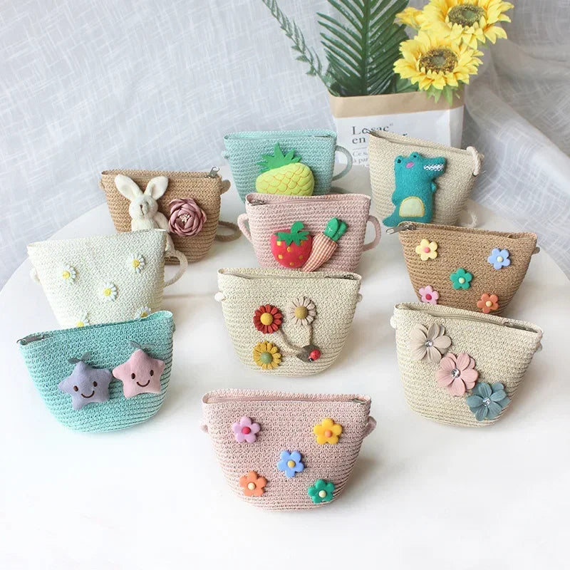 Children's Straw Crossbody Bag Lovely Girls Small Coin Purse Princess Wallet Handbags Baby Kids Mini Summer Shoulder Bags