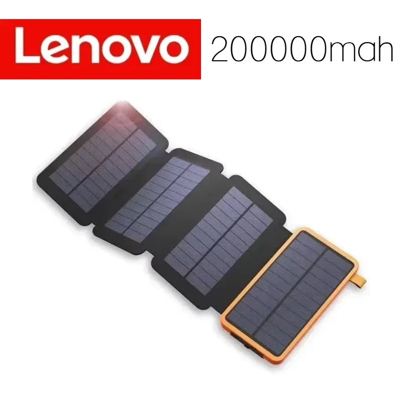 Lenovo LED Solar Power Bank  200000mAh 4 Solar Panels Wireless Charger Portable External Battery Flashlight for Outdoor Travel