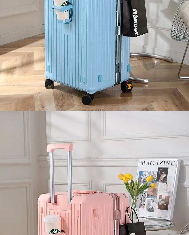 sushimu Suitcase Wide Handle Travel Suitcase Men 20 24 26 Carry-On Luggage Women PC Aluminum Frame Trolley Case