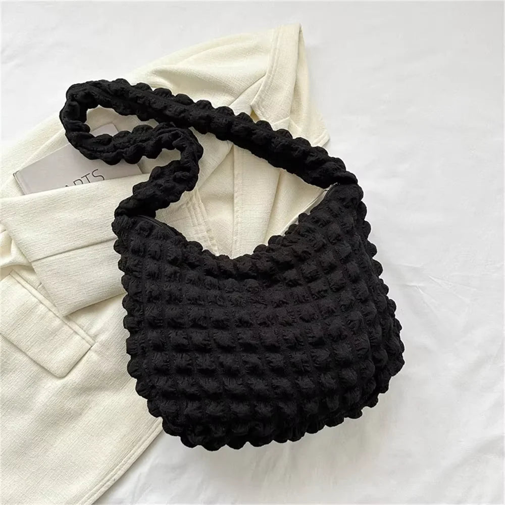 HOMEFISH Crossbody Bag With Pleated Design Embroidered Plaid Shoulder Bag Underarm Bags Simple Large Capacity Quilted Tote Bags