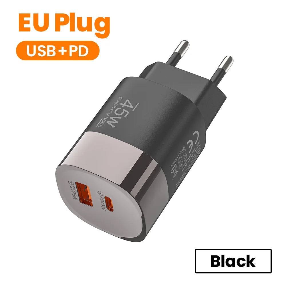 Dual Ports USB Type C Charger Fast Charging 45W QC PD 3.0 Travel Wall Charger Adpater Fast USB Chargers For Phone EU US UK Plug