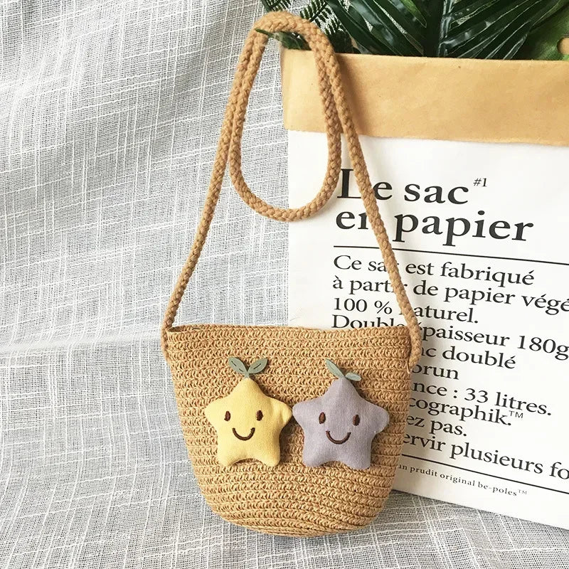 Children's Straw Crossbody Bag Lovely Girls Small Coin Purse Princess Wallet Handbags Baby Kids Mini Summer Shoulder Bags