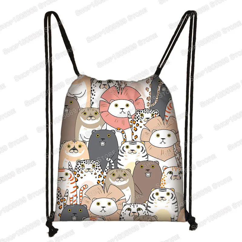 Kawaii Cartoon Dog Cat Backpack Women Drawstring Bags Canvas Shoulder Bag for Travel Girls Rucksack Storage Bags Shoes Holder