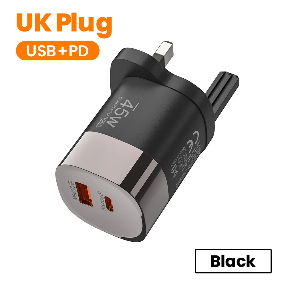 Dual Ports USB Type C Charger Fast Charging 45W QC PD 3.0 Travel Wall Charger Adpater Fast USB Chargers For Phone EU US UK Plug