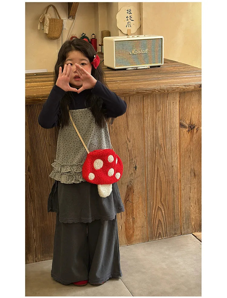 Cartoon Mushroom Girls Plush Shoulder Bags Cute Baby Kids Faux Lamb Wool Crossbody Bag Winter Boys Soft Handbags Coin Purse