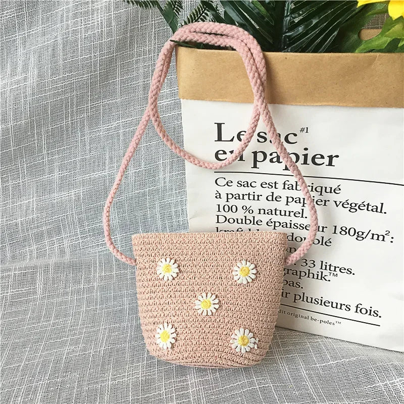 Children's Straw Crossbody Bag Lovely Girls Small Coin Purse Princess Wallet Handbags Baby Kids Mini Summer Shoulder Bags