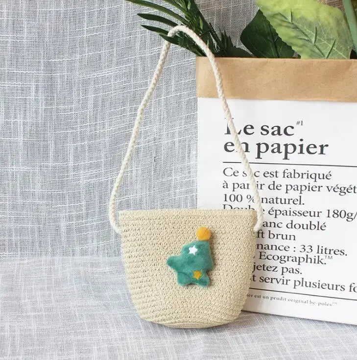 Children's Straw Crossbody Bag Lovely Girls Small Coin Purse Princess Wallet Handbags Baby Kids Mini Summer Shoulder Bags