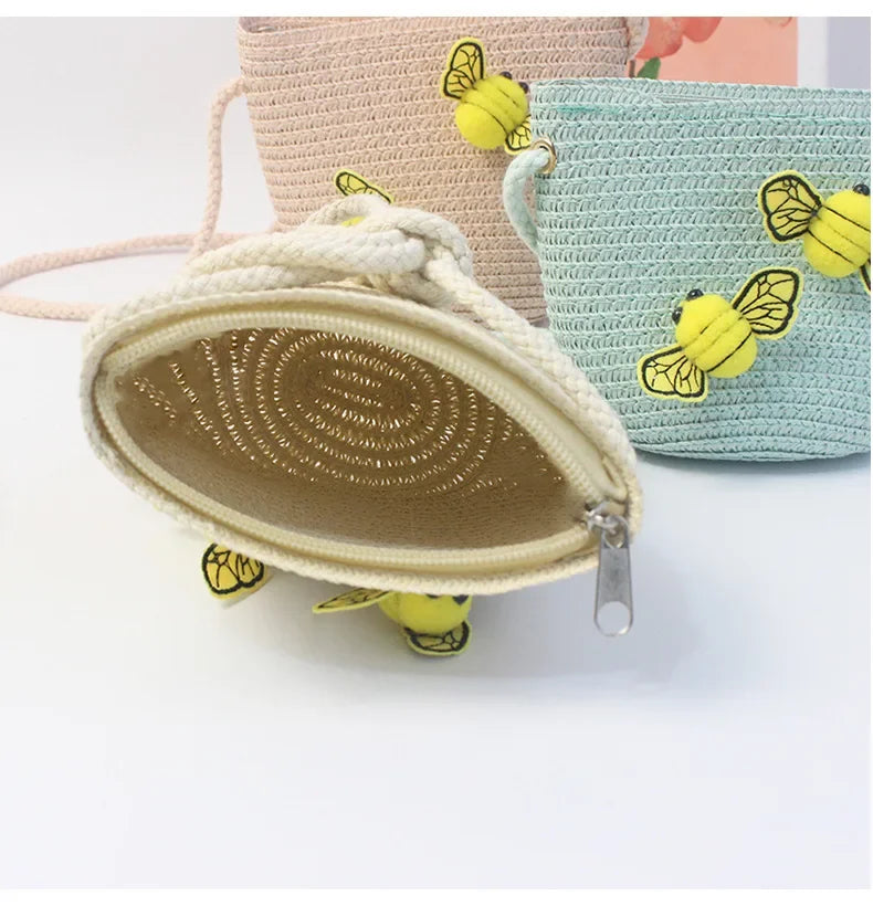 Children's Straw Crossbody Bag Lovely Girls Small Coin Purse Princess Wallet Handbags Baby Kids Mini Summer Shoulder Bags