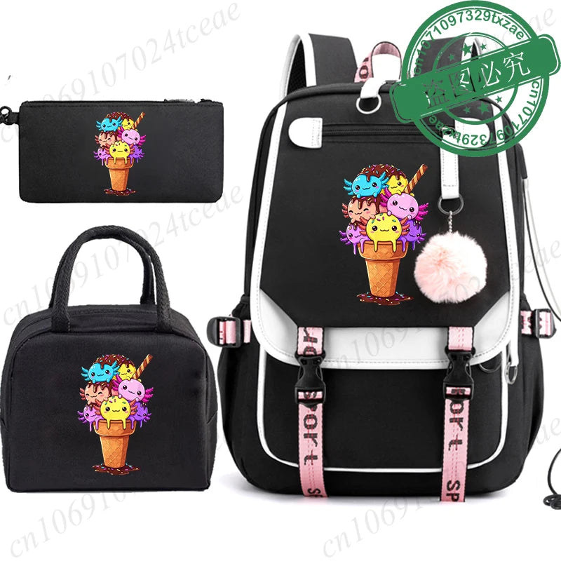 Boba Axolotl Anime School Backpack for Teenage Girls Fashiona Back To School Bookbag Mochila Bookbag with Lunch Bags ,Pencil Bag
