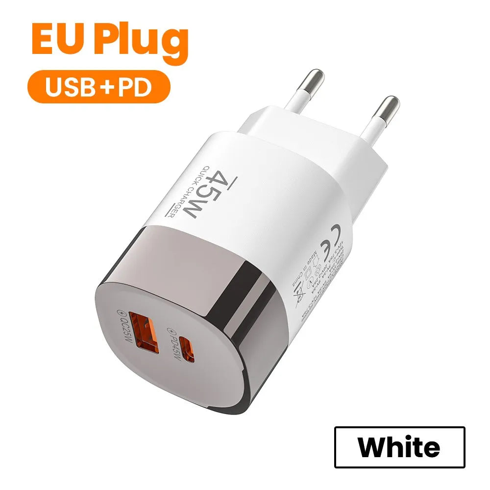 Dual Ports USB Type C Charger Fast Charging 45W QC PD 3.0 Travel Wall Charger Adpater Fast USB Chargers For Phone EU US UK Plug