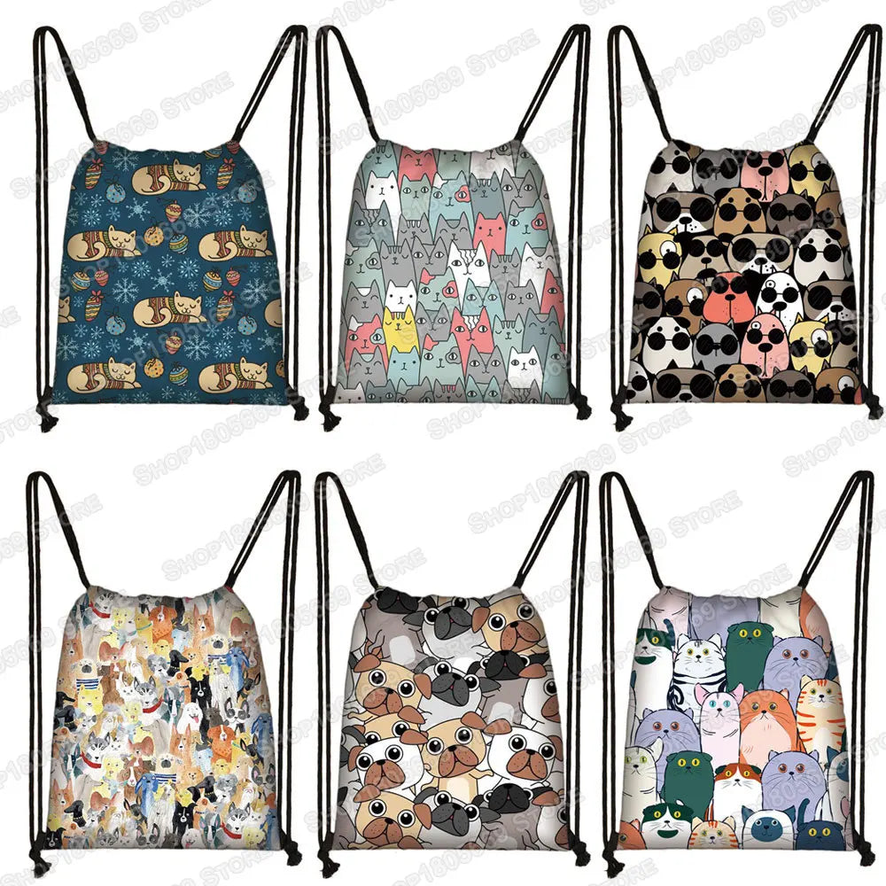 Kawaii Cartoon Dog Cat Backpack Women Drawstring Bags Canvas Shoulder Bag for Travel Girls Rucksack Storage Bags Shoes Holder